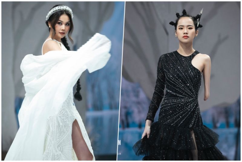 Model khuyết tay H&agrave; Phương hạnh ph&uacute;c khi lần đầu diễn chung với si&ecirc;u mẫu Thanh Hằng