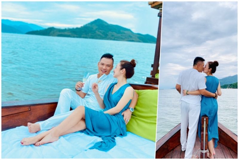 Vợ chồng Jennifer Phạm t&igrave;nh tứ trước biển