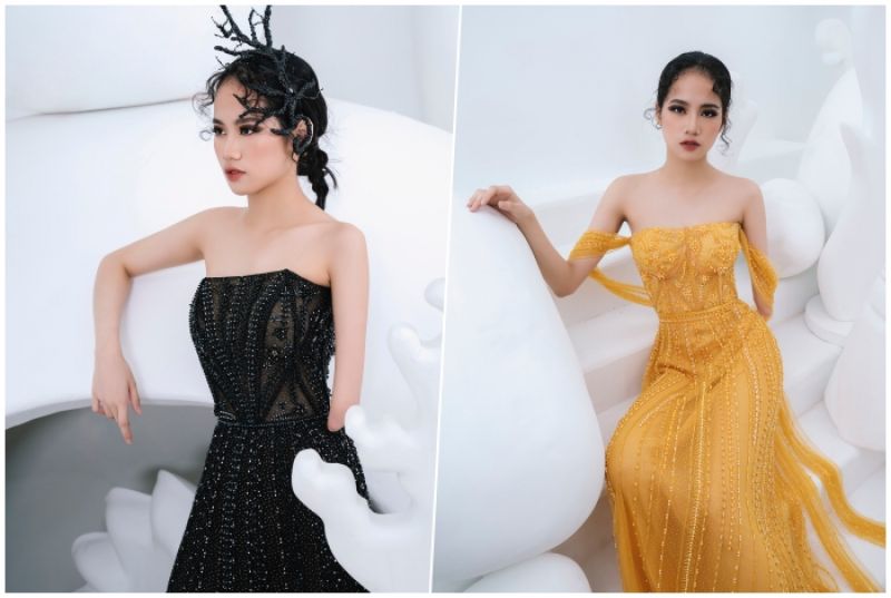 Model khuyết tay H&agrave; Phương khoe v&oacute;c d&aacute;ng với đầm dạ hội của H&agrave; Duy